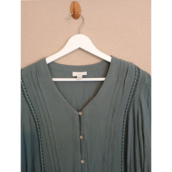 J Jill Shirt Womens Small Blue Spruce Embroidered Pintuck Button Boho Blouse - Picture 5 of 12